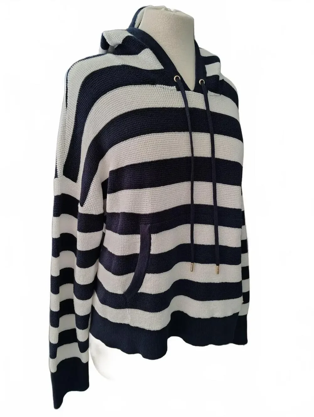 Michael Kors Women's Navy and White Striped Hooded Sweater L